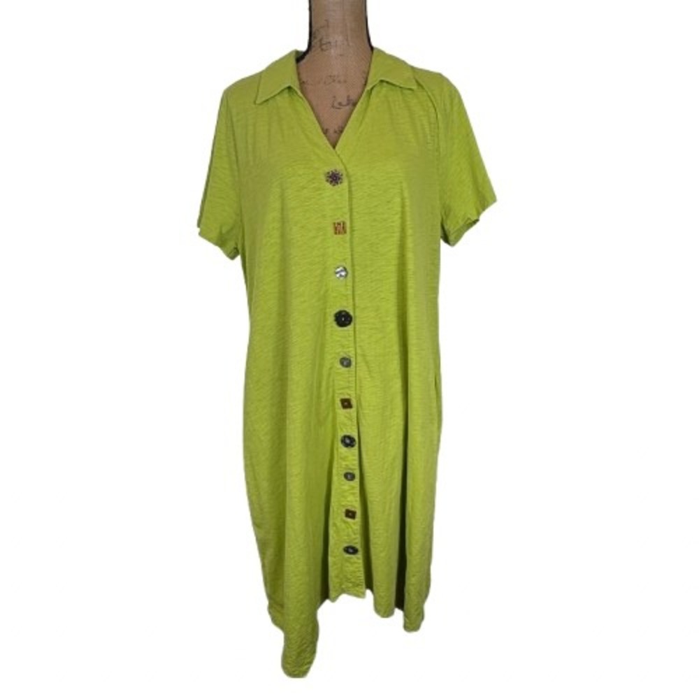 Soft Surroundings Danielle Dress Lime Green Cotton Mixed Button Front Size XL